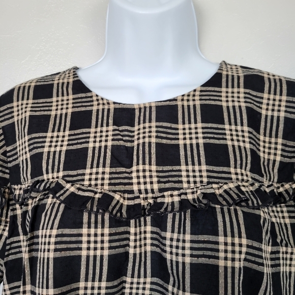 Madewell Black Tan Cream Plaid Short Sleeve Blouse Ruffle Trim Small Holiday Top - Picture 2 of 6